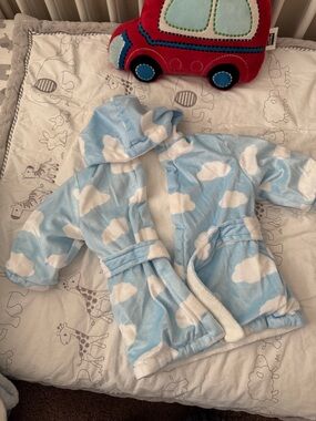 Plush Light Blue Cloud Hooded Kids Robe with Belt